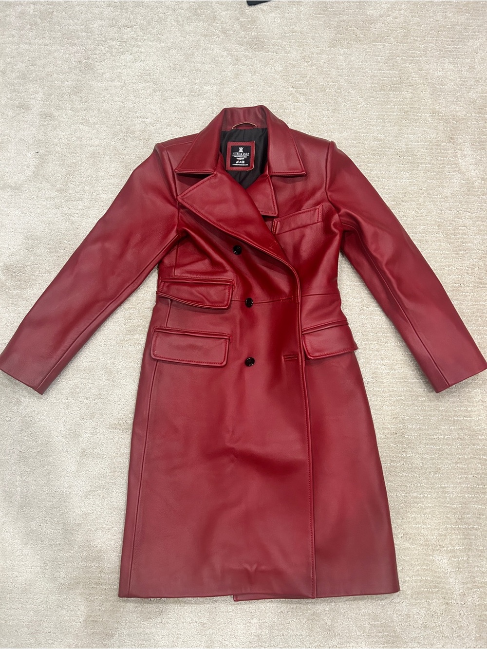 Women's Genuine Leather Burgundy Double-Breasted Trench Coat